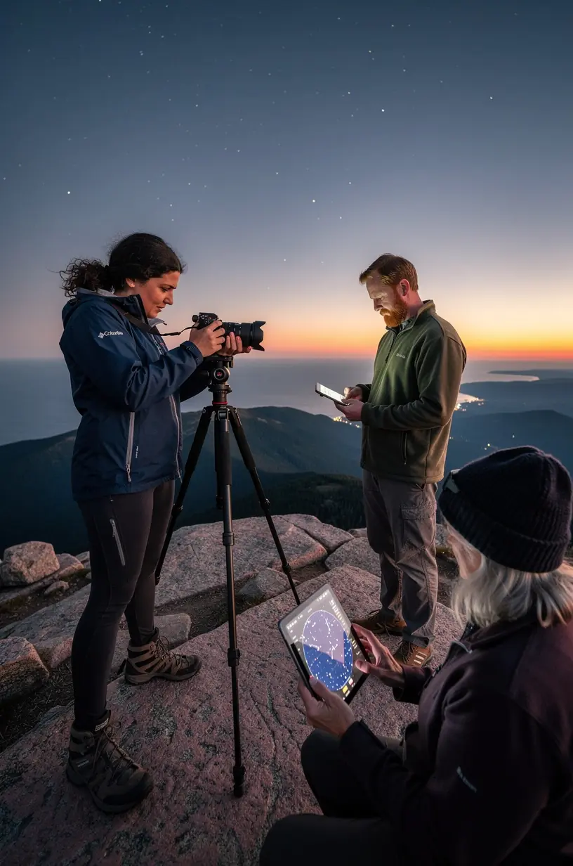 Photographer setting up a tripod on a rocky cliff overlooking a vast southwestern desert canyon at sunrise