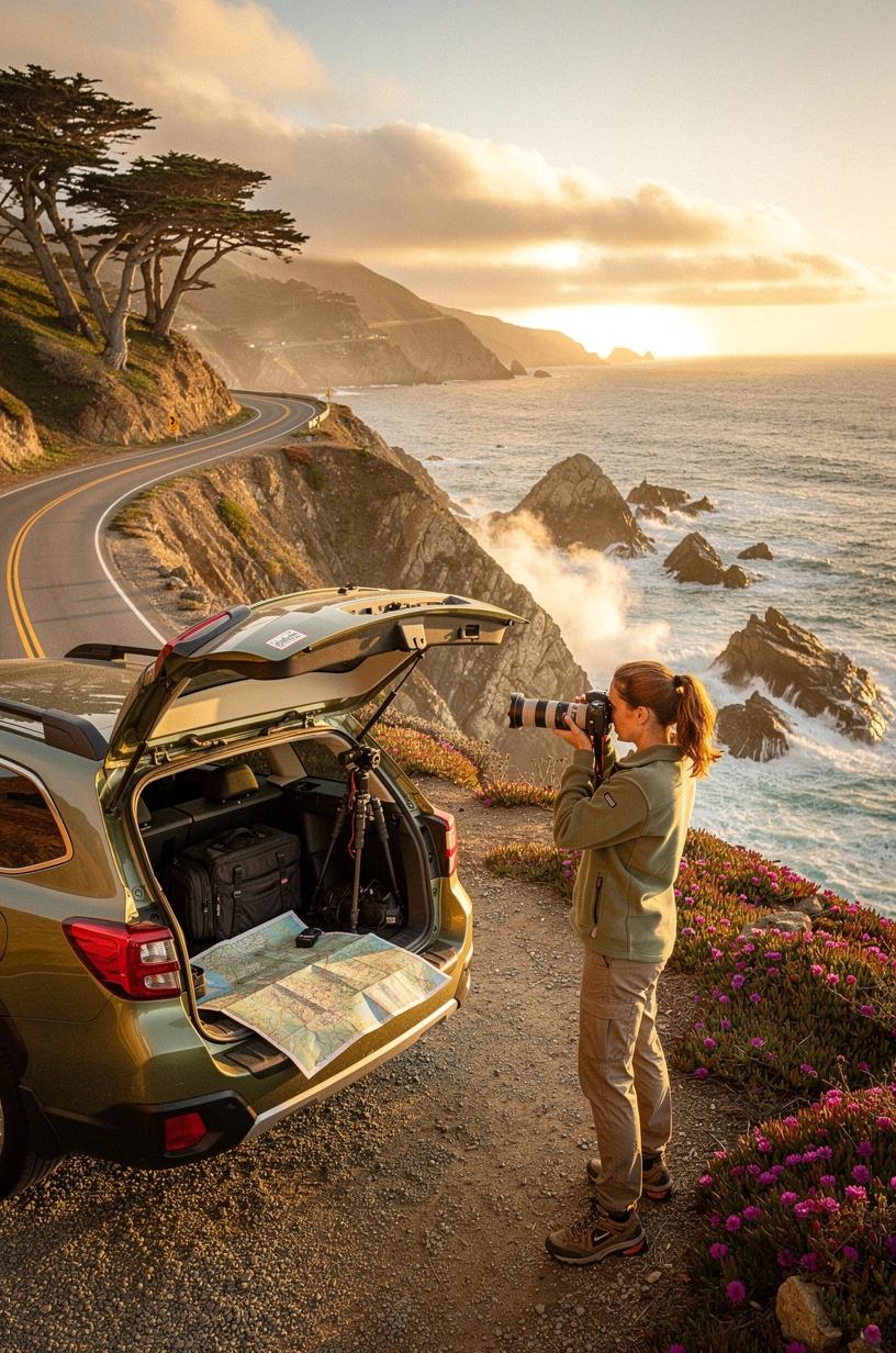 A photographer setting up a tripod on a scenic overlook to capture a panoramic sunset view of a vast American canyon landscape.